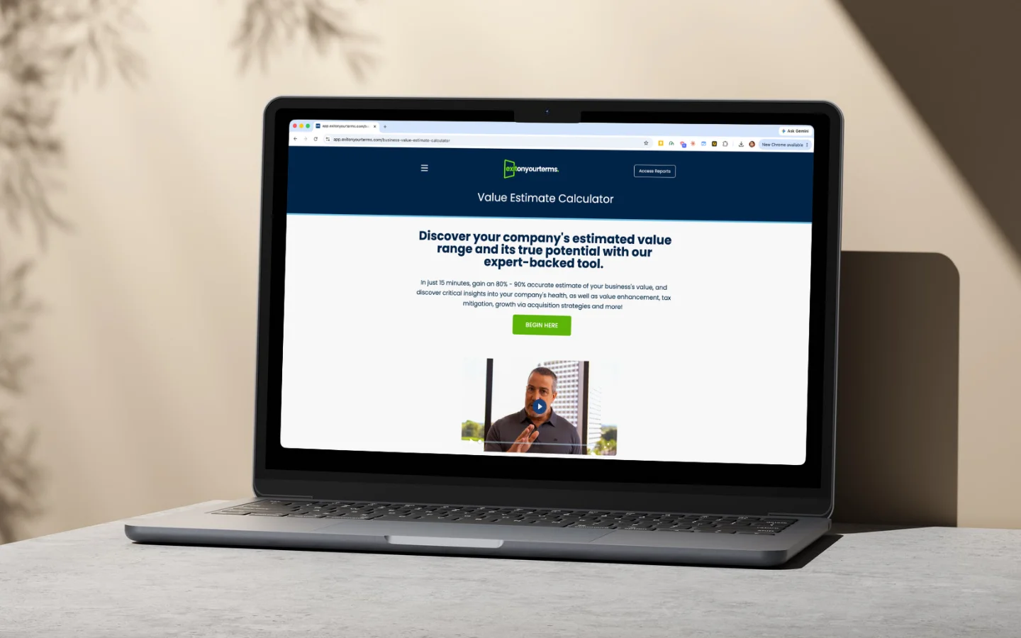 A mockup of the Value Estimate Calculator web app on a laptop.