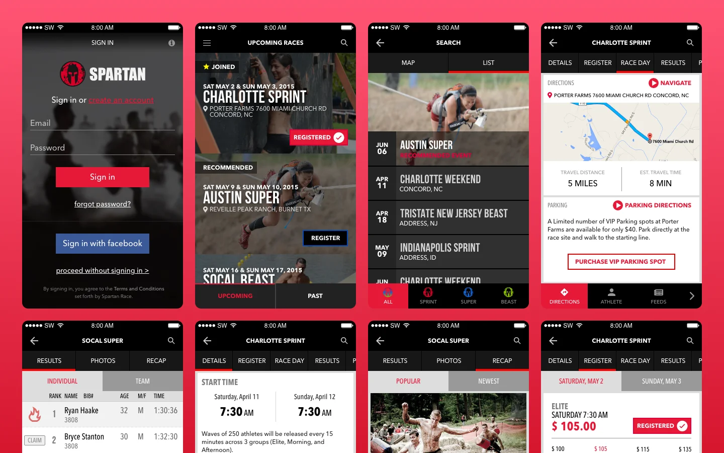 A gallery of screens from the Spartan Race Event Day mobile app.