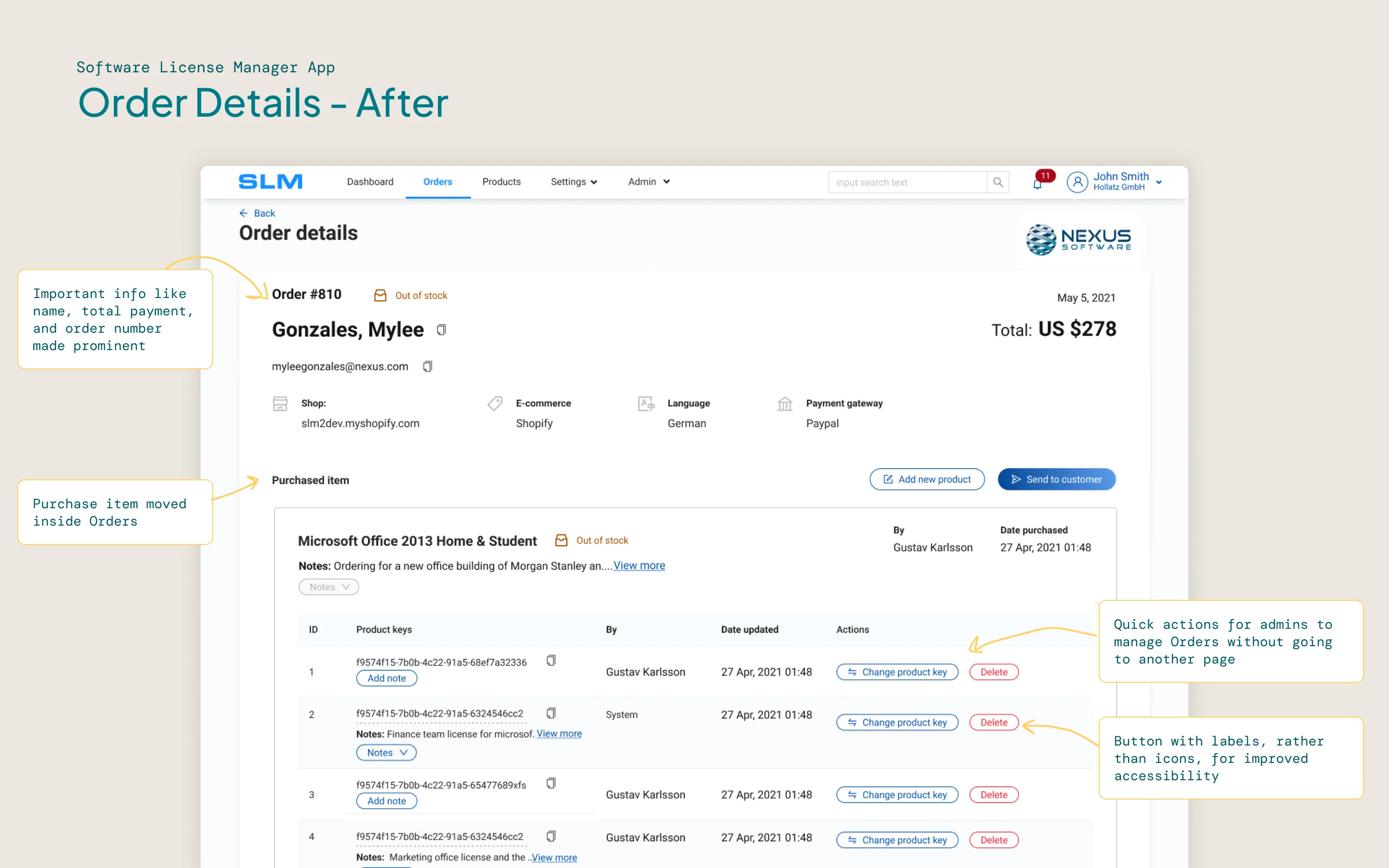 A before-and-after user interface of the Order Details page of the SLM site.
