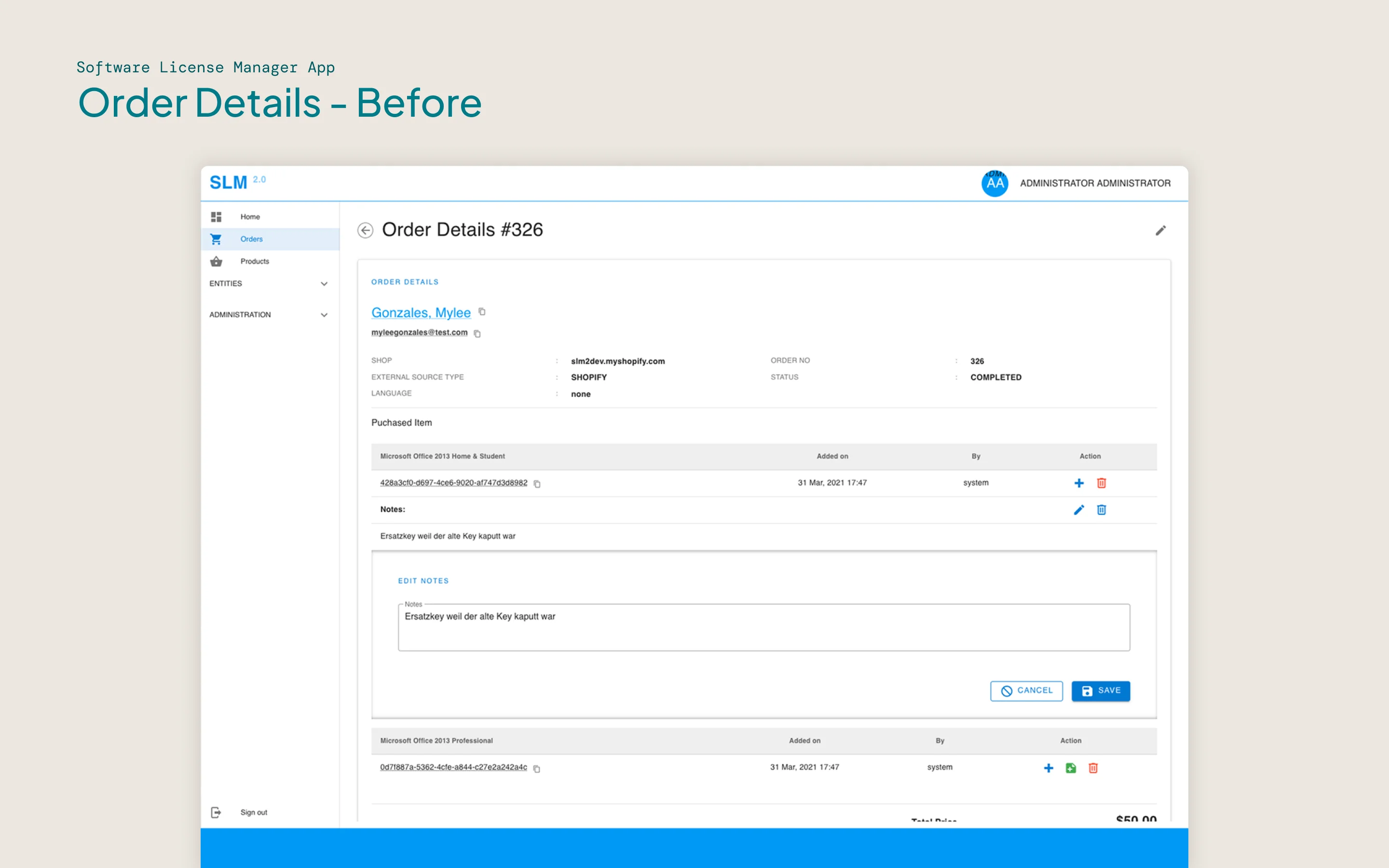 A before-and-after user interface of the Order Details page of the SLM site.