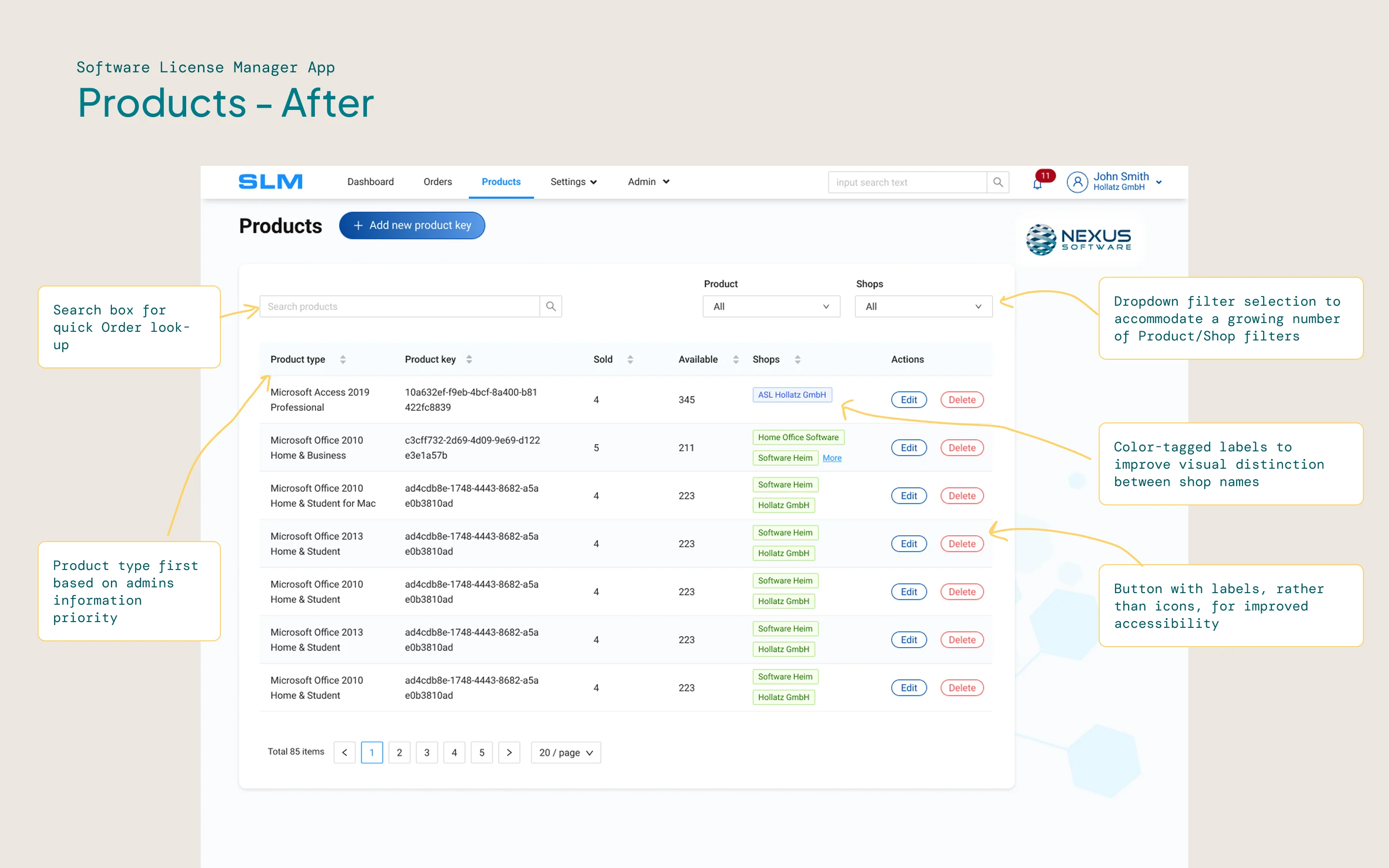 A before-and-after user interface of the Product page of the SLM site.