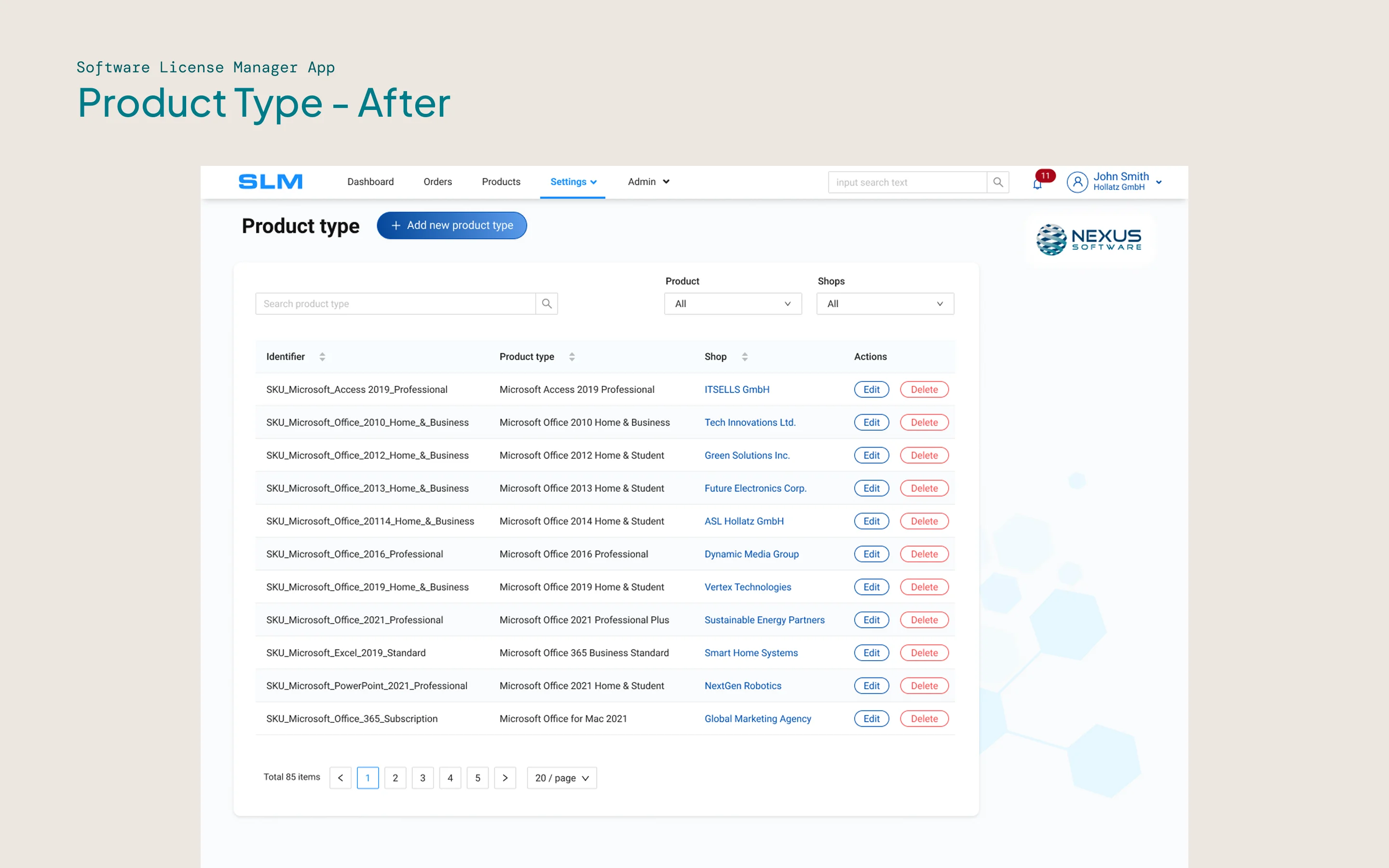 A before-and-after user interface of the Product Type page of the SLM site.