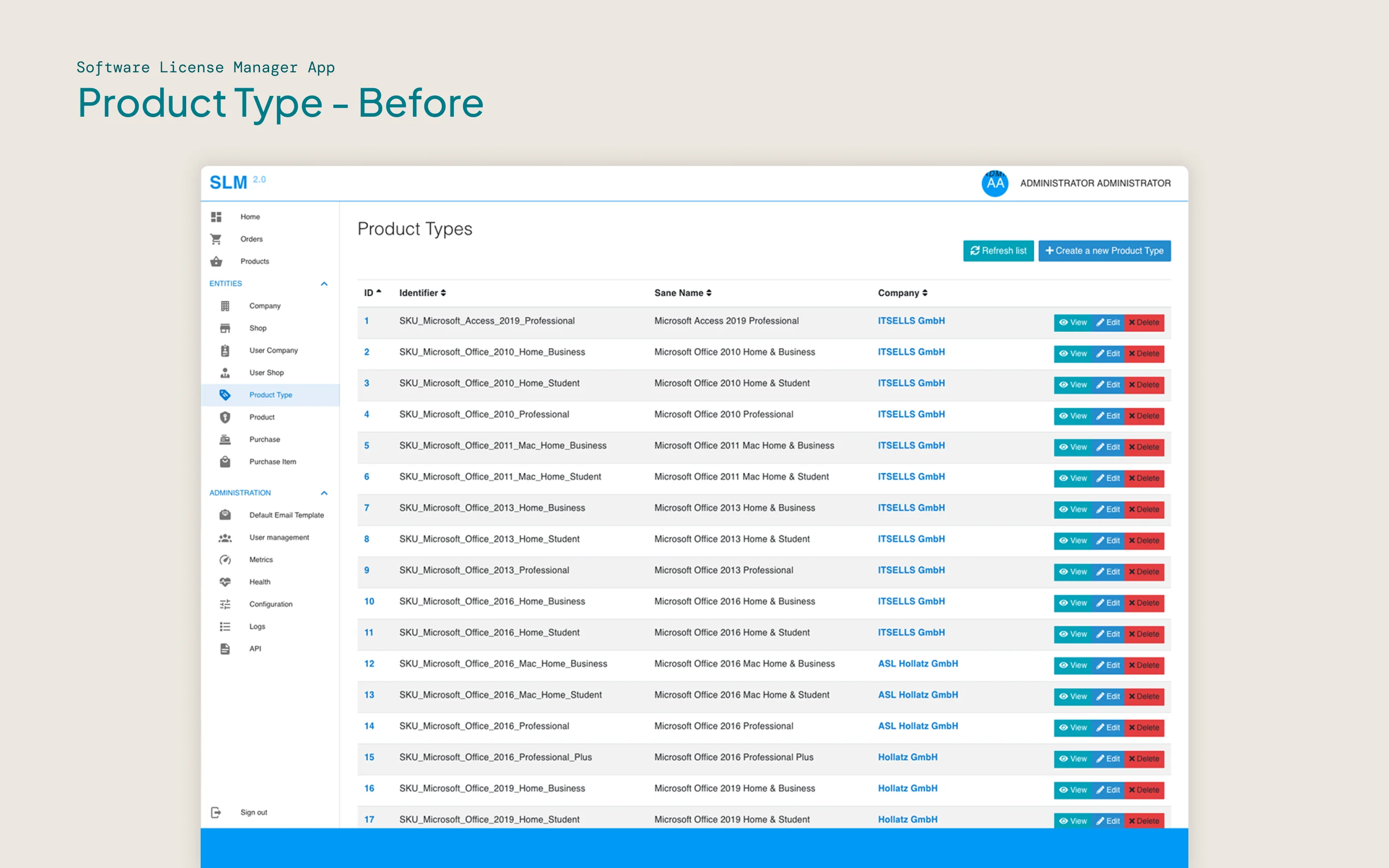 A before-and-after user interface of the Product Type page of the SLM site.