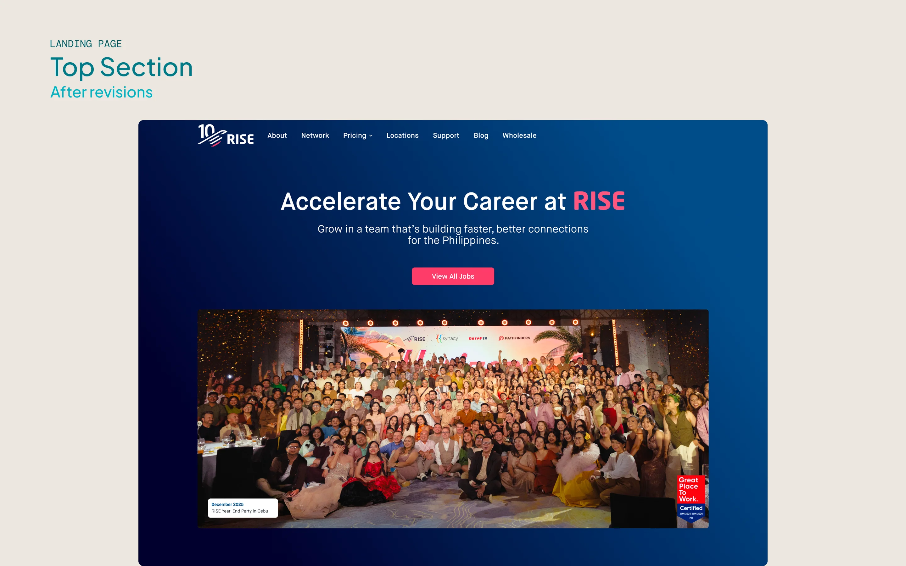 A before-and-after slider comparing the original and revised top section of the RISE careers homepage.