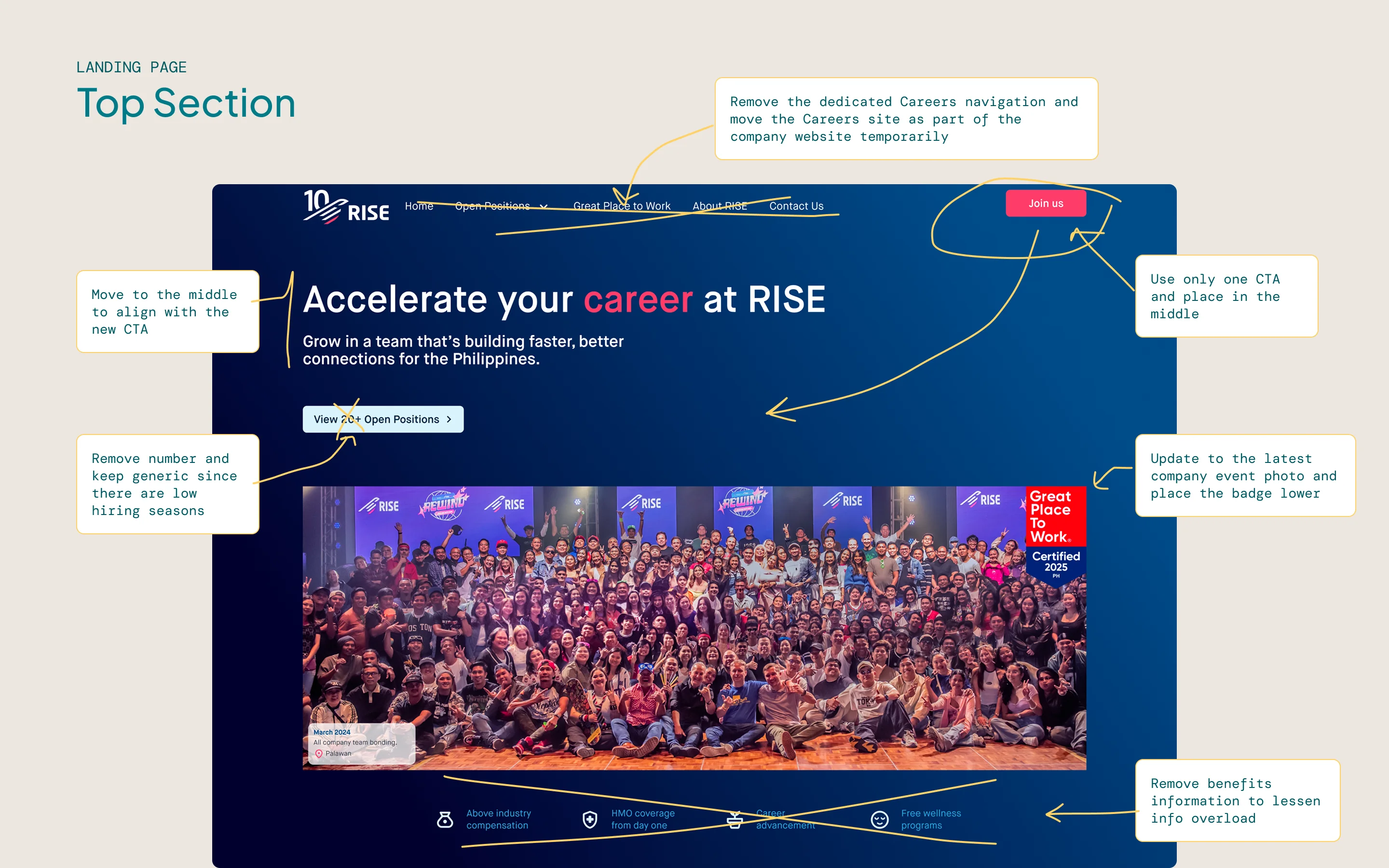 A before-and-after slider comparing the original and revised top section of the RISE careers homepage.