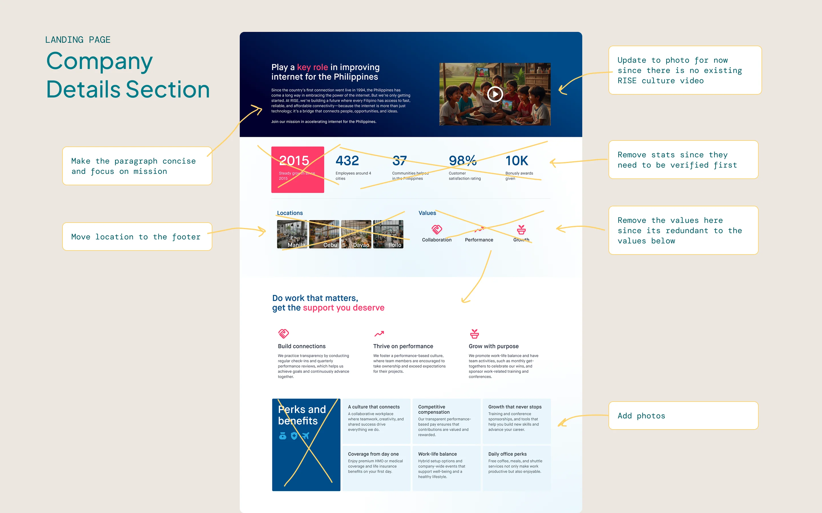 A before-and-after slider showing changes to the company details section, with pending content removed.