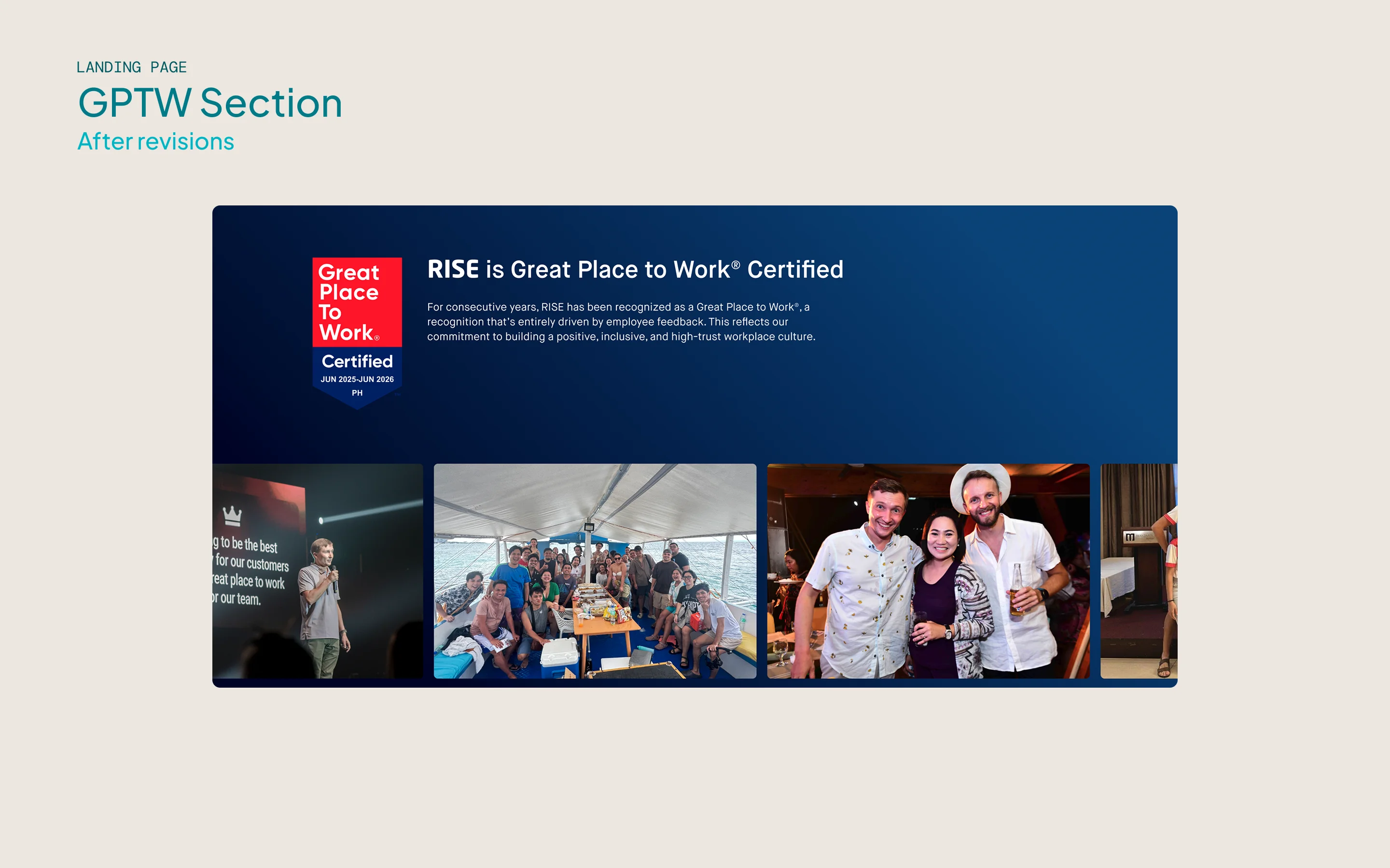 A before-and-after slider showing revisions to the Great Place to Work section, with statistics replaced by improvement-focused copy.