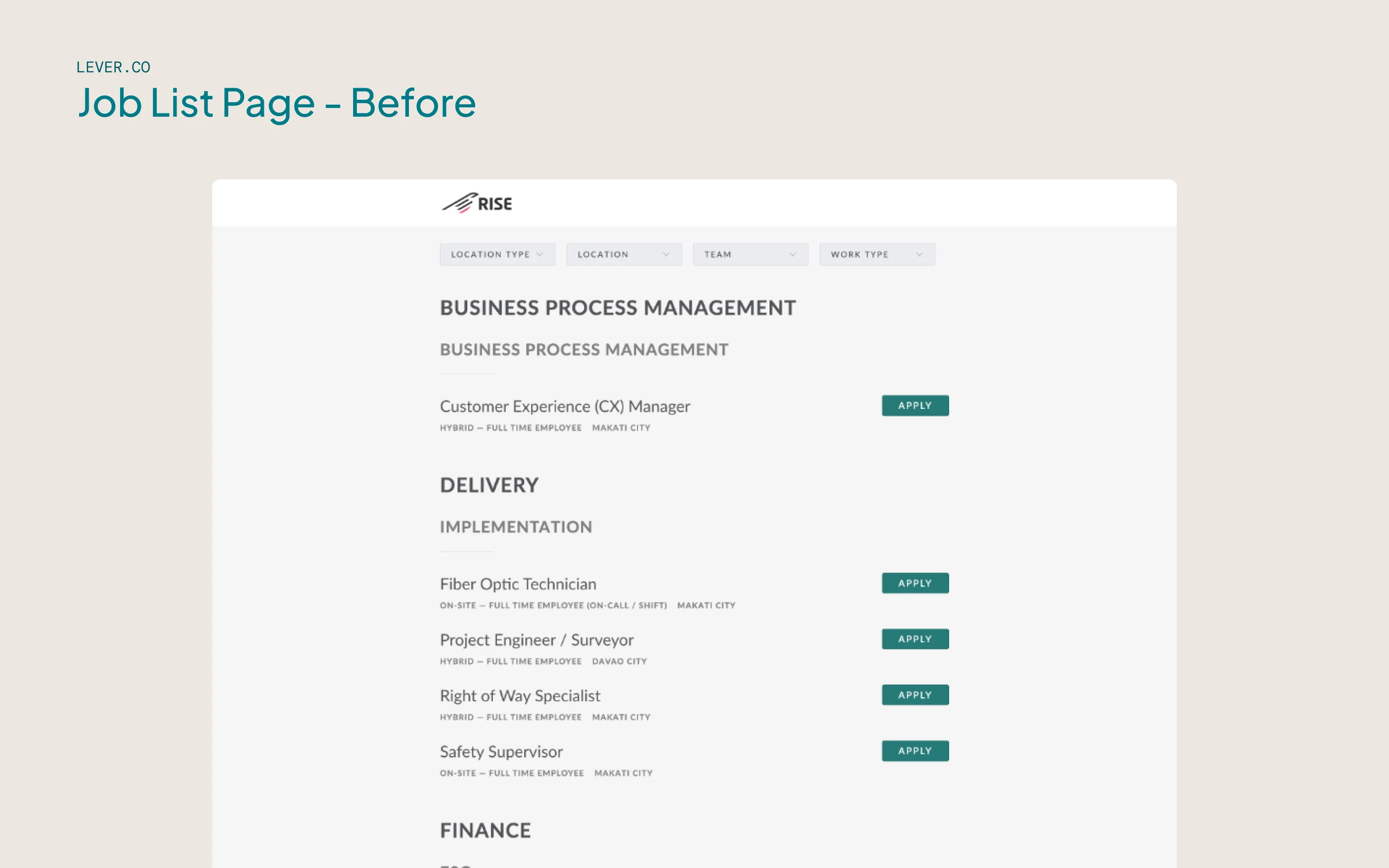 A before-and-after comparison of the job listings page, showing the addition of a search bar, sort controls, and more prominent filters.