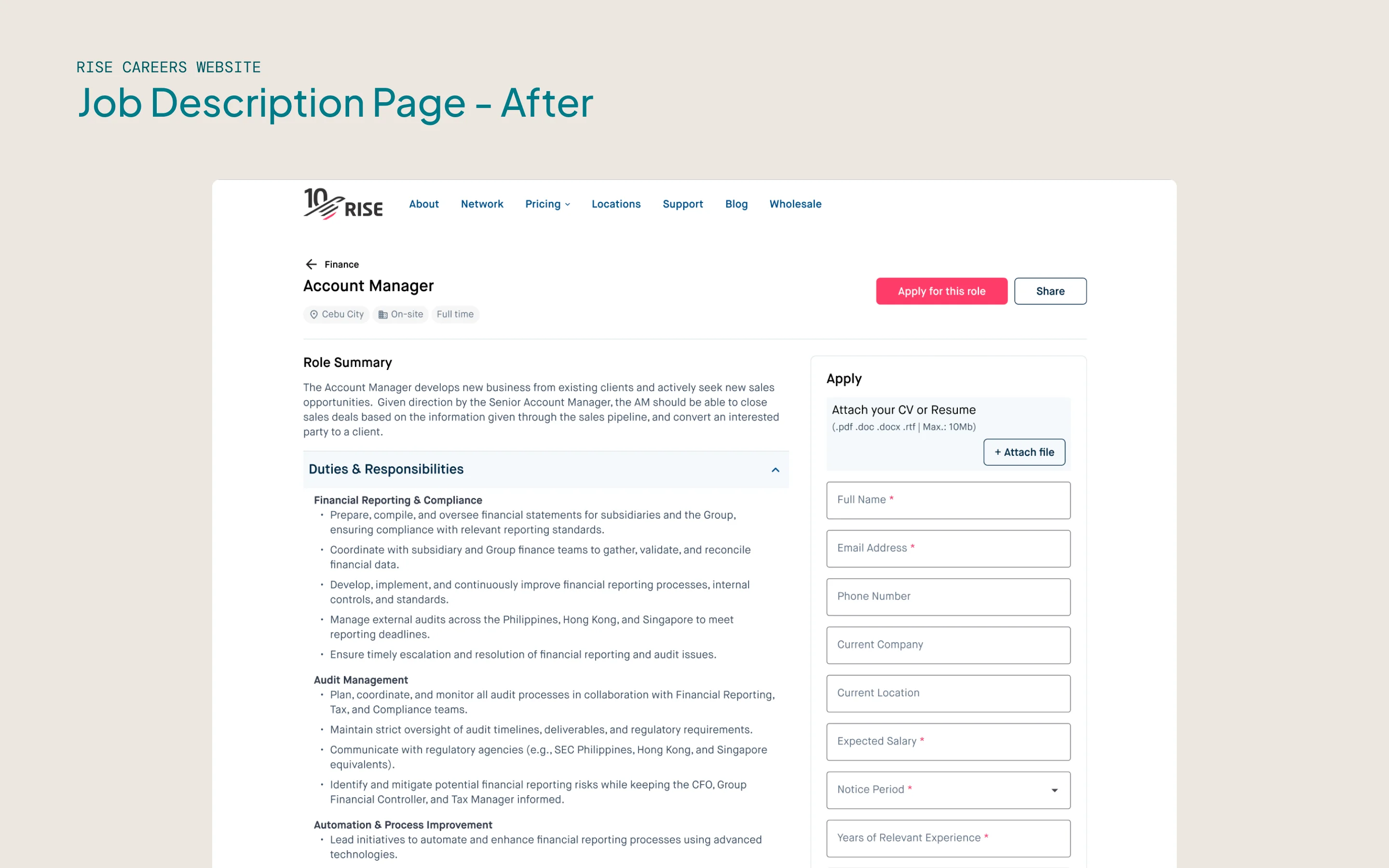 A before-and-after comparison of the job description page, showing reorganized content and a sticky application form in the sidebar.