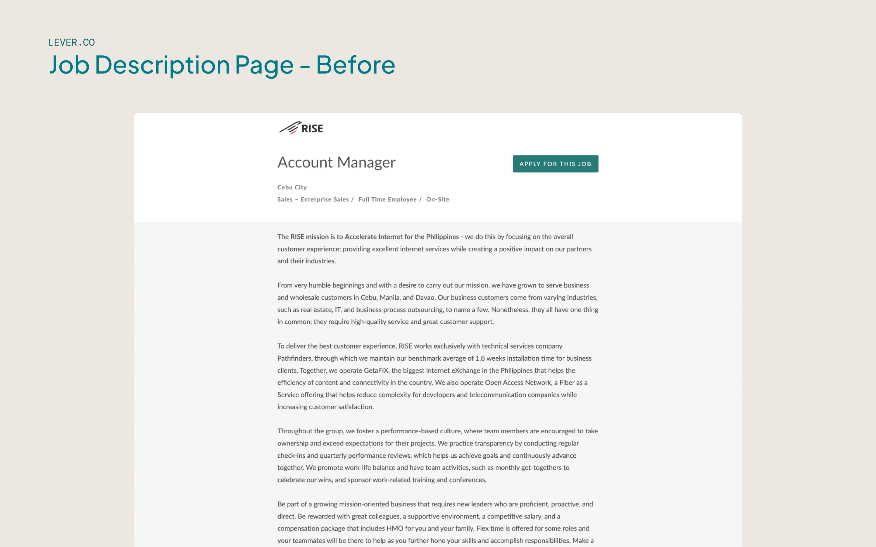 A before-and-after comparison of the job description page, showing reorganized content and a sticky application form in the sidebar.