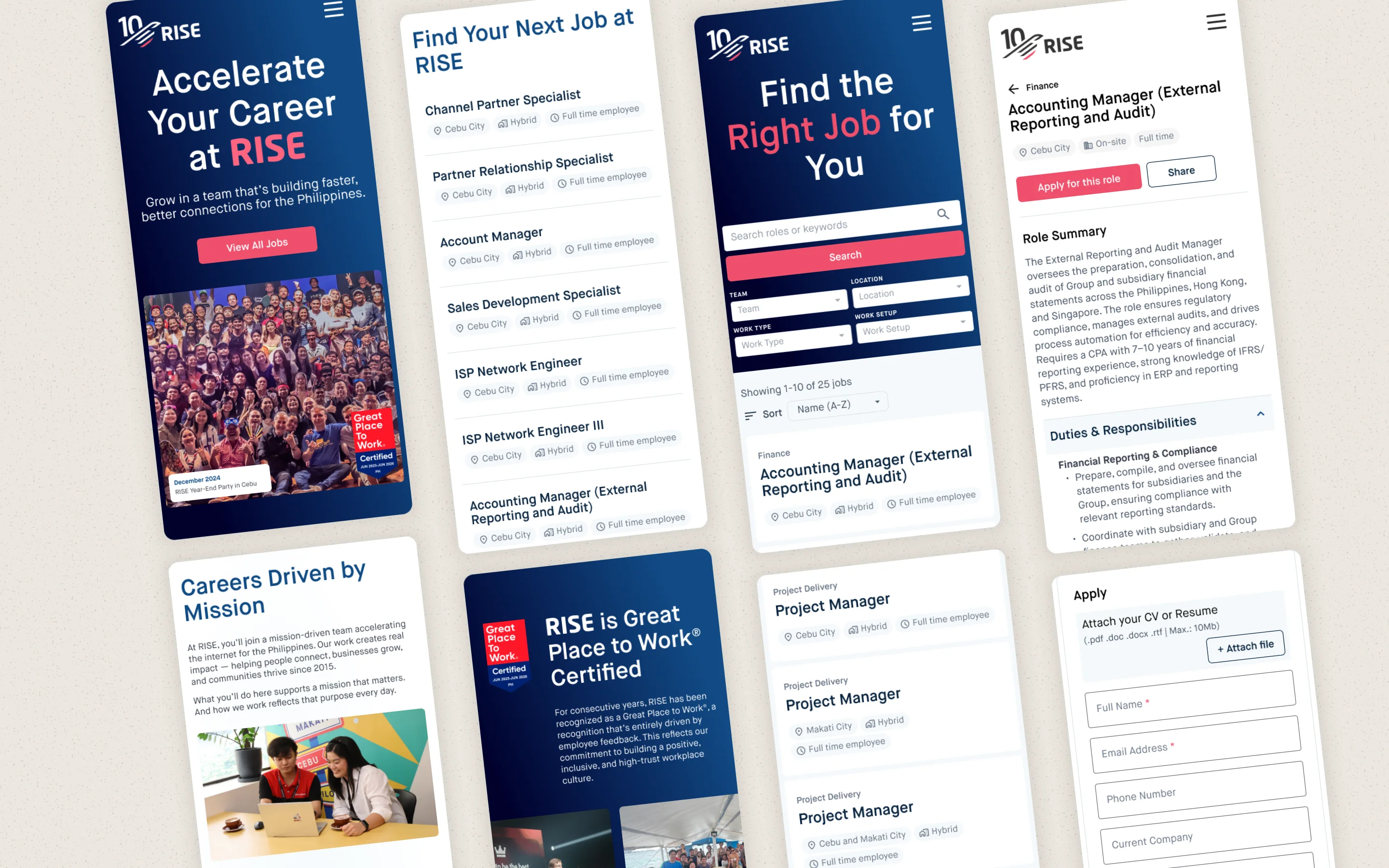The RISE careers website shown across four mobile screens: homepage, job list, job description, and application form.