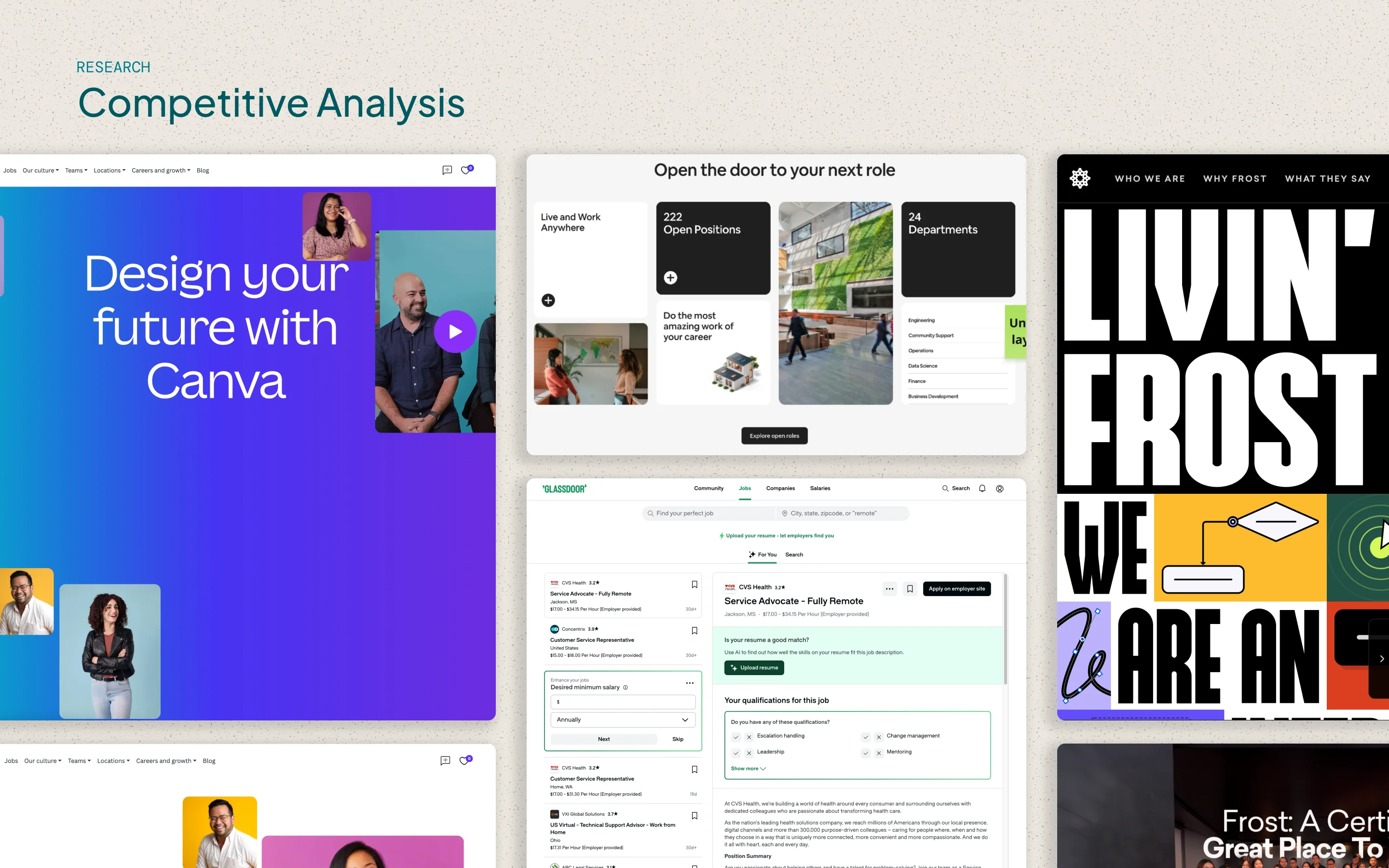 Screenshots of competitor careers websites, annotated to highlight how they communicate culture and build trust with applicants.